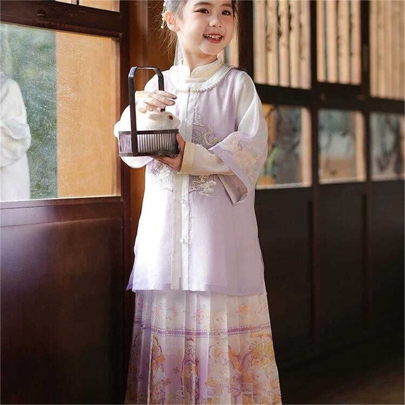 女童汉服马面裙套装中国风2024演出古风改良唐制高端宋代粉紫大气