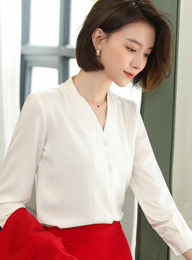 白色V领衬衫女长袖2021春秋大码西服衬衣职业西装打底内搭上衣新