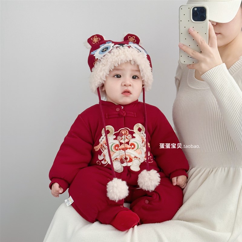 中式婴儿衣服夹棉服连体男宝宝冬装满月百天周岁礼服冬季喜庆外出