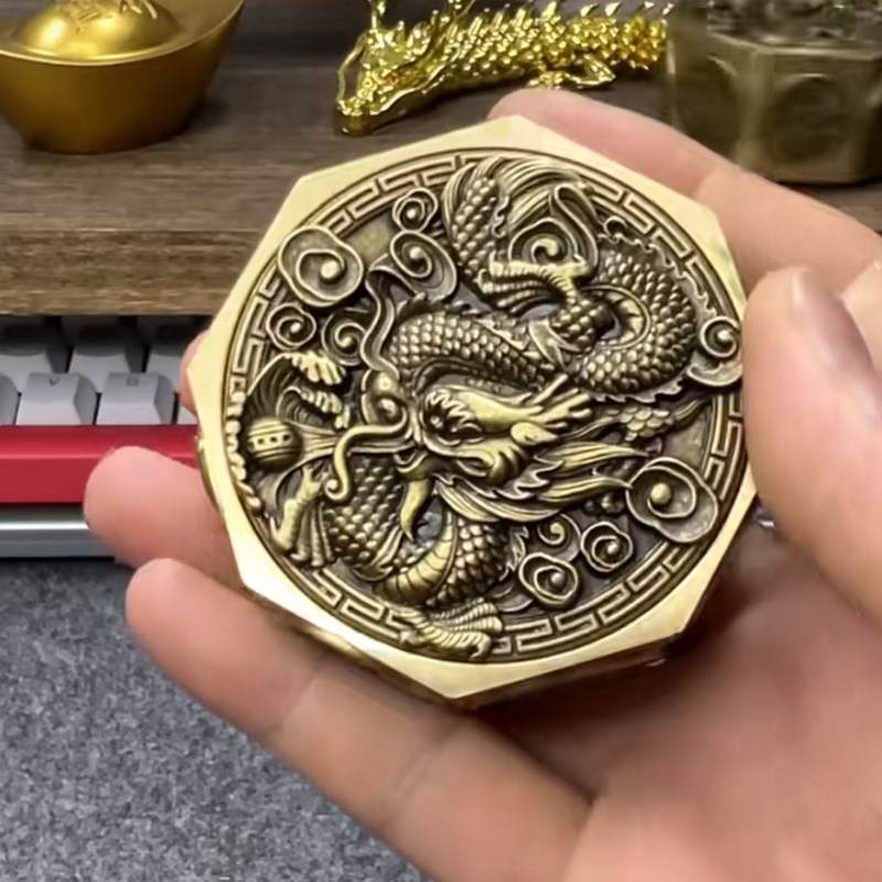 黄铜十面转钱手把件龙纹时来运转赚钱纯铜貔貅把玩件八方来财摆件