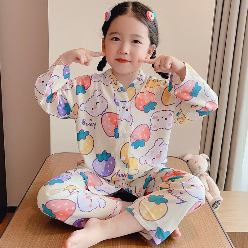 亲子装女童V领开衫儿童睡衣夏季薄款棉绸男孩空调服女宝宝棉绸