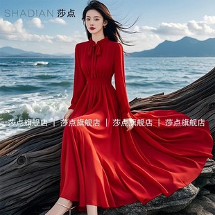 显瘦沙滩度假大摆裙婚宴装 雪纺连衣裙修身 长裙 红色女长袖 2025新款