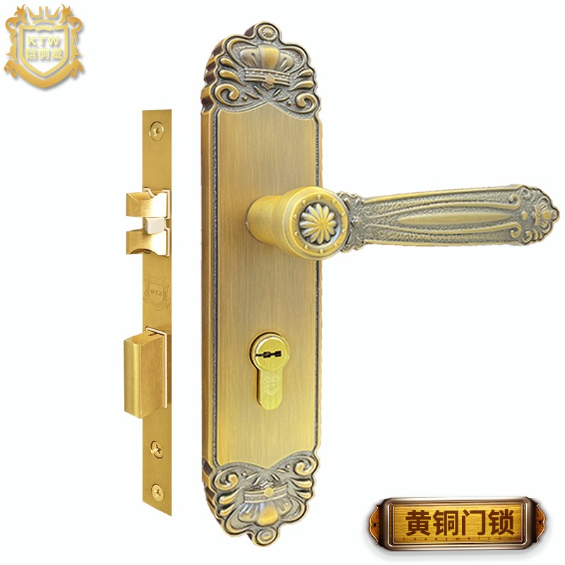 铠铜威黄铜室内木门锁简约青古铜房间锁铜静音室内门锁通用把手