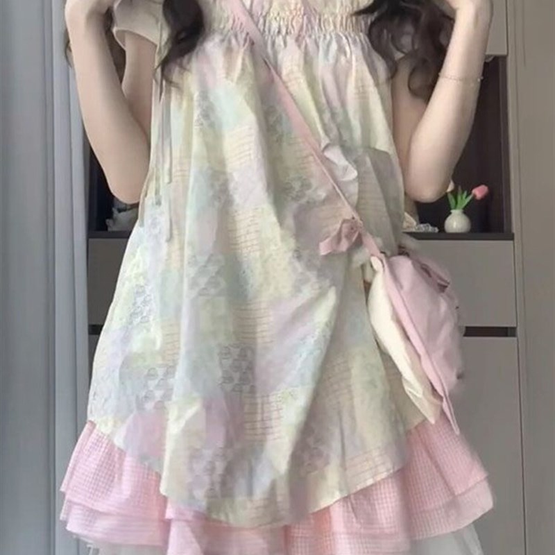 大码女装胖妹妹夏季新款宽松显瘦蓝紫拼接吊带裙娃娃领衬衫两件套