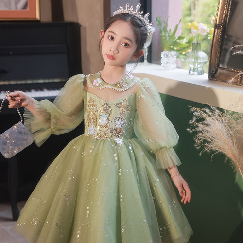 女童礼服绿色花童小女孩公主裙儿童主持人生日走秀钢琴演出服春秋