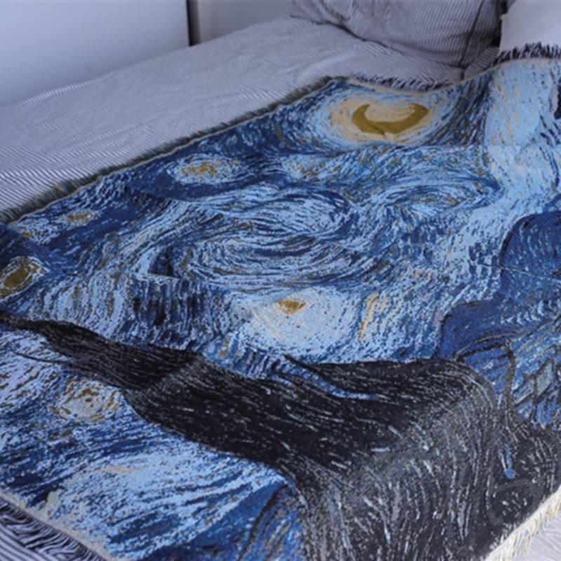 梵高星空油画毯子四季通用休闲毯沙发毯床巾毯挂毯装饰毯布艺地毯