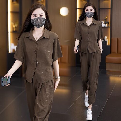 洋气时尚套装女胖MM2024年夏季新款细闪衬衫+宽松显瘦裤子两件套