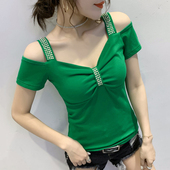 新款 性感V领T恤女短袖 2020夏装 洋气钉珠露肩锁骨上衣心机设计感潮