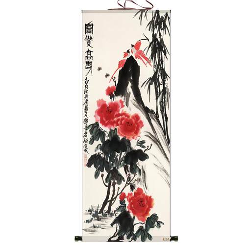 花鸟画简约挂画齐白石花鸟画全画面卷轴丝绸画布画客厅玄关装饰画