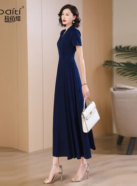 藏蓝色连衣裙女夏2024新款高级感质感正式场合超长裙子到脚踝797