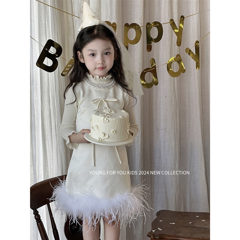 YFY秋冬女童生日礼服公主裙背心裙连衣裙鸵鸟毛香槟宝宝气质珍珠