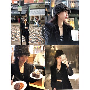 VASSE美蟹 黑色复古灯芯绒休闲西装外套女春小个子西服高级感上衣