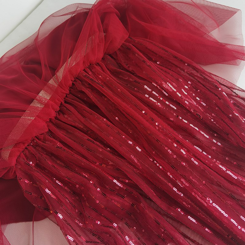 酒红色亮片网纱蓬蓬半身裙秋冬新款高级感星空仙女纱裙小个子短裙