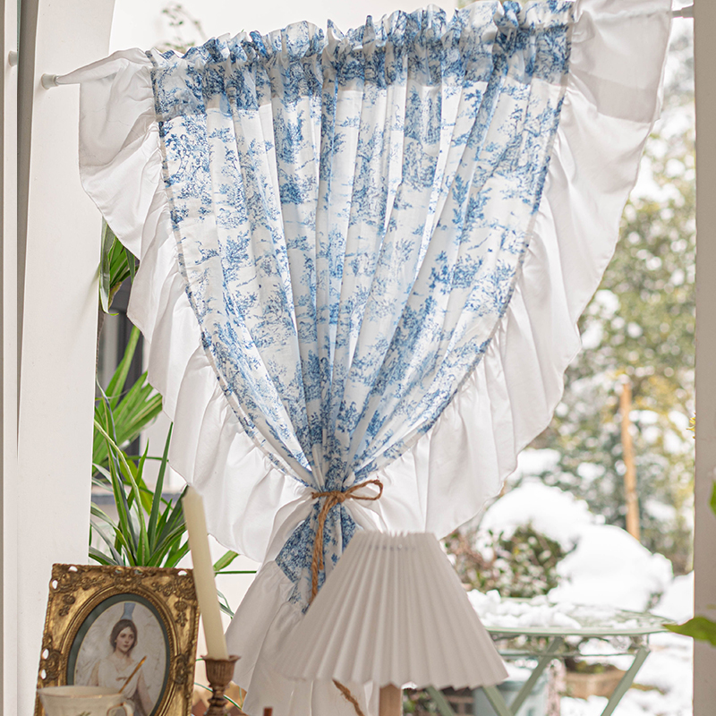 美式乡村荷叶边半帘法式洛可可免打孔阳台飘窗窗帘隔断门帘纱帘