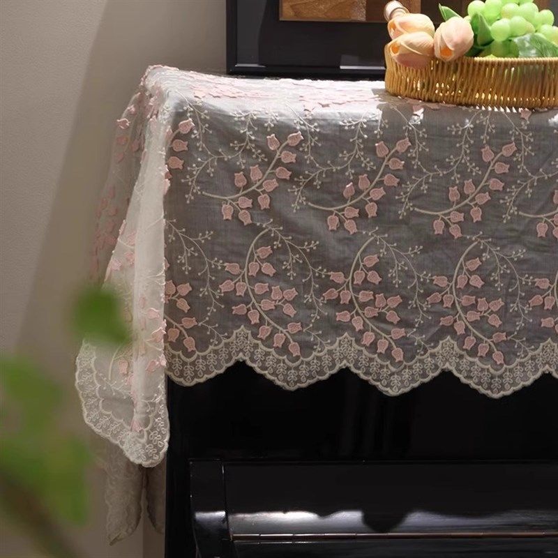 法式复古立体绣粉白色色绣花高级电子钢琴半罩全罩盖布蕾丝琴键布