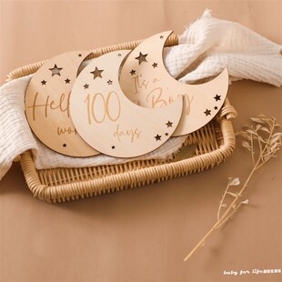 木质月亮里程碑 婴儿成长记录拍照背景道具 宝宝月份里程碑摆挂件