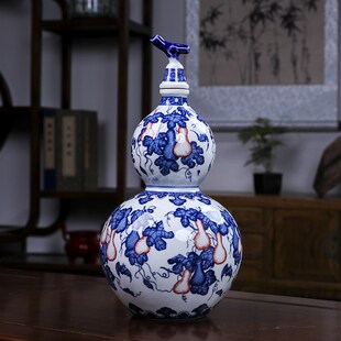 景德镇陶瓷青花瓷葫芦花瓶酒瓶带盖子摆件客厅插花装饰品家居摆件