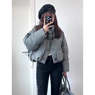 千鸟格羽绒棉服女短款2023年冬季韩版小众设计感面包棉服加厚外套