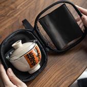 青祥陶瓷快客杯杯车泡载旅行茶具套装 草木灰71330一壶两纳茶杯便