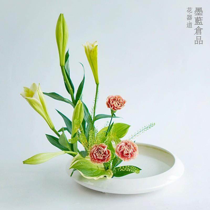 小原流花器四脚创水盘白色中式插花器MZK皿日式花意道花盘禅意花