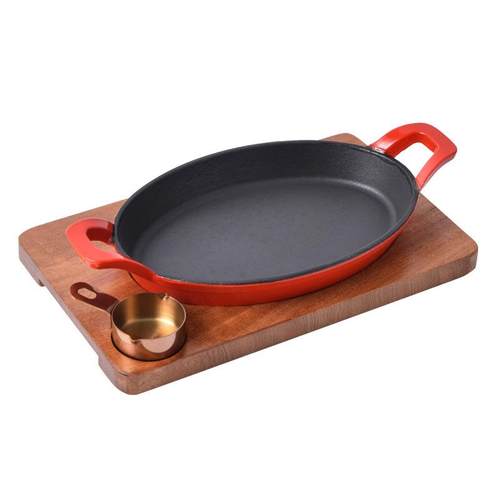 韩式双774耳煎牛排板扒盘铸椭铁搪瓷圆圆形铁琅烧烤盘电磁珐炉烤