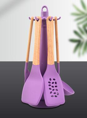 厂家直供木紫色硅胶烹七件装套锅铲刮刀意粉柄勺饪厨房家用G03-A