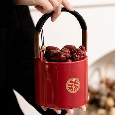 子孙桶婚庆用品陪嫁红色陶婚瓷女喜桶喜事摆件订备婚小红方厂家直