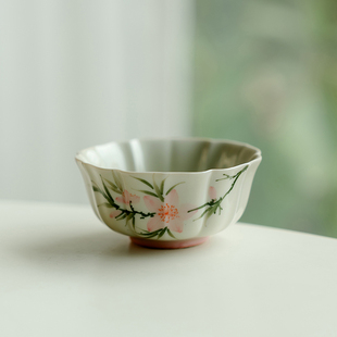 拓土纯手绘粉桃花菊瓣杯主人杯功夫茶杯陶瓷茶杯品茗杯女士单杯子