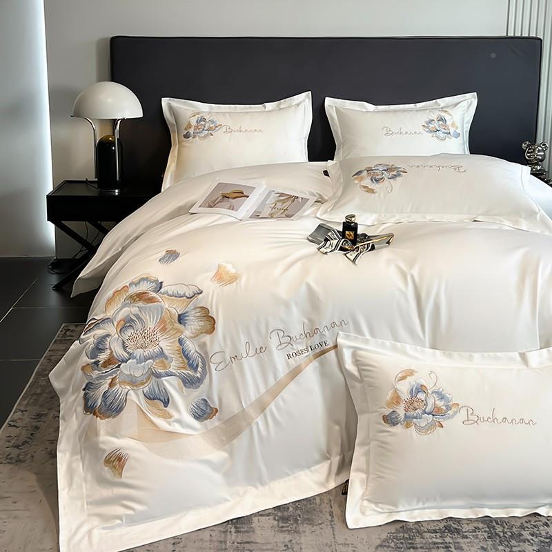 欧式100支长棉中绒式全棉四件套绒贡缎刺绣花ZJT婚庆纯棉棉长床用