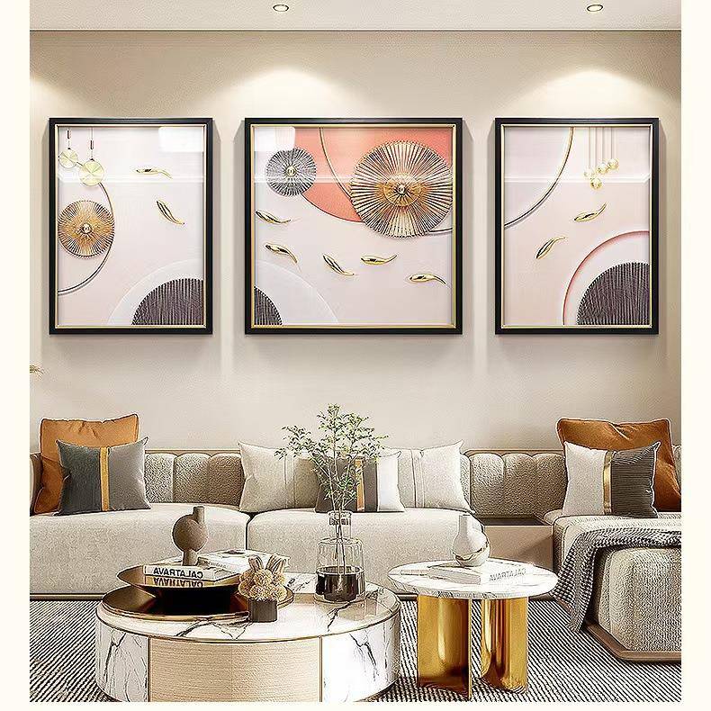 现代奢九鱼山轻水沙发背景GZM三客联挂画立体实物手工立体画厅装