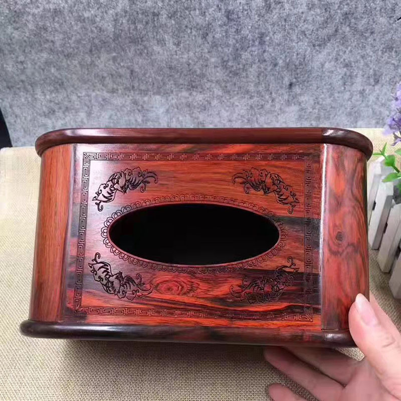 中式大红酸枝实木雕花餐巾盒
