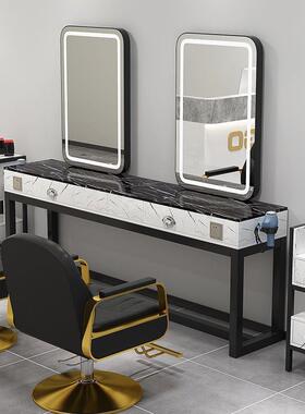 发店网红镜TQU台单面带灯美发桌店大理理石面双烫染发廊剪发镜子