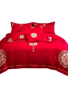 高档庆床上用品四件ZAX婚房喜被婚床被罩结婚陪嫁套大红色婚礼单