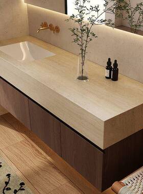 意式组极简浴室室32688中柜石热弯岩板无缝陶瓷盆智能合古风浴柜