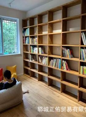 老榆木整墙落地式书整书MUN墙隔断置物用架架家多层格子收纳柜实