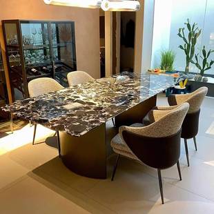 天然宝丽格别墅餐桌大石意式 长方UHK理轻奢黑家用奢石吃饭形桌子