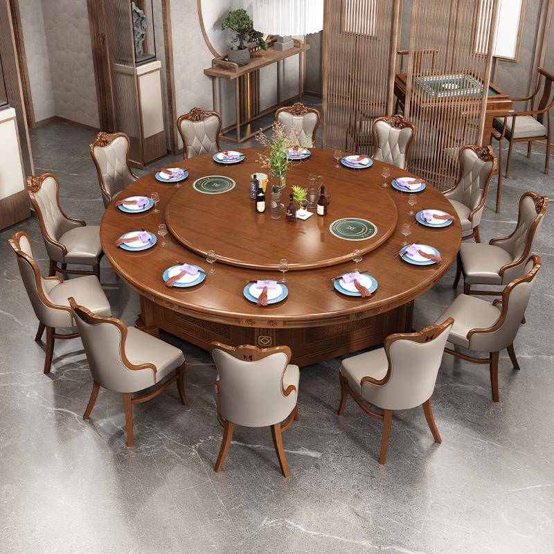 5VUFW全实木餐桌圆椅合组3米酒店电8动大桌1人新中式酒店仿古雕花