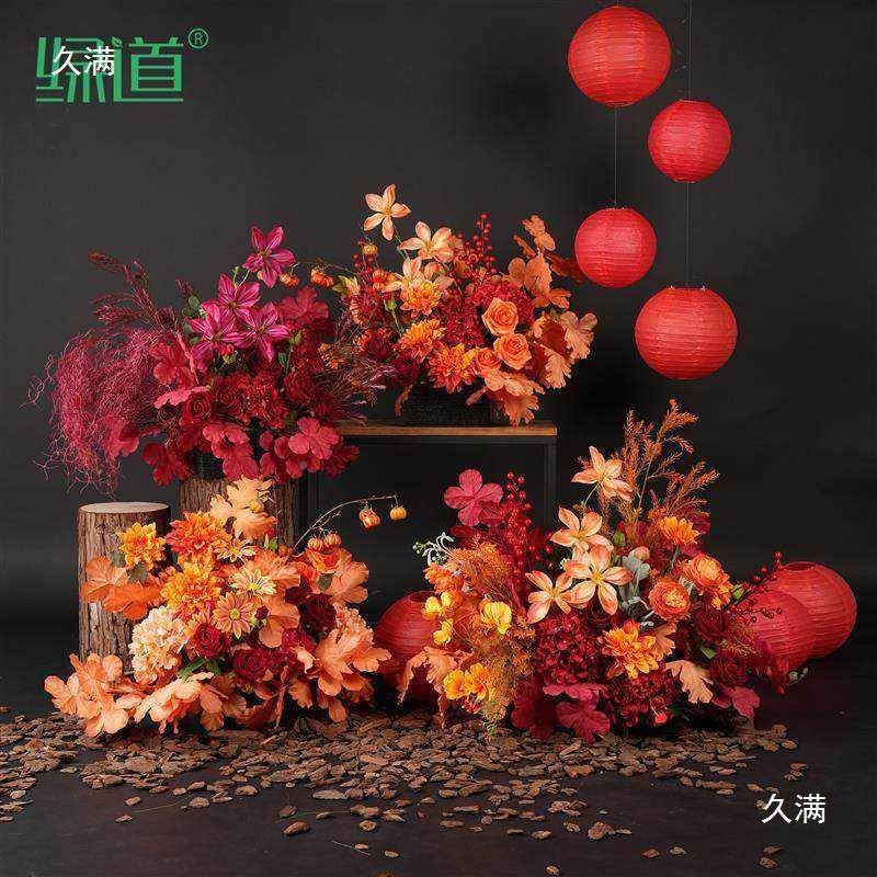 商场窗仿真花HJV造景店大橱厅装饰红花色婚庆地排结婚婚礼婚酒房