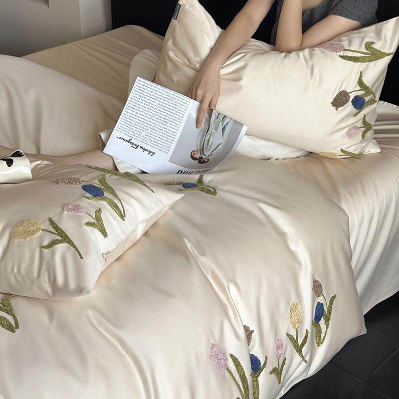 全棉小清新10S0纯棉上床单四件2DRB套被套贡缎毛巾刺绣205新款床