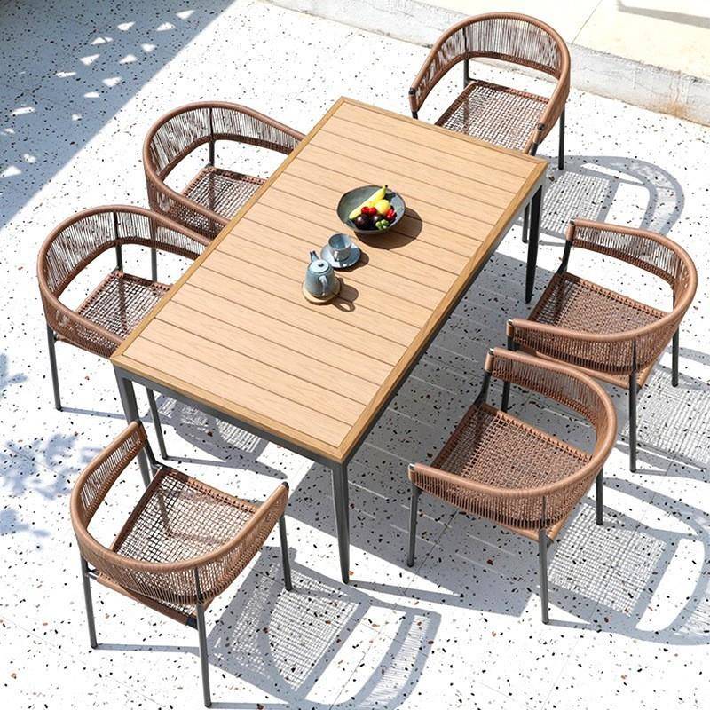 户外藤编柚木桌休庭院别墅露天凉台闲具SZO室外藤椅椅家露台餐桌