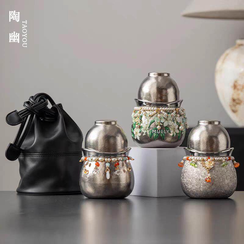 纯钛旅行茶具套装便携式户外露营泡茶壶茶杯快客杯一壶三杯收纳包