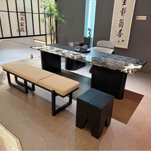 意式茶桌椅组合极简可推拉泡茶台实木岩板茶室接待茶桌可定制家具