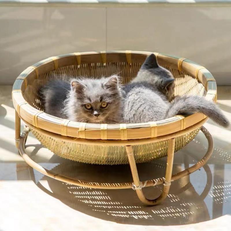 竹编猫窝狗窝宠物篮家用收纳篮晾晒沥水簸箕竹制品有底座