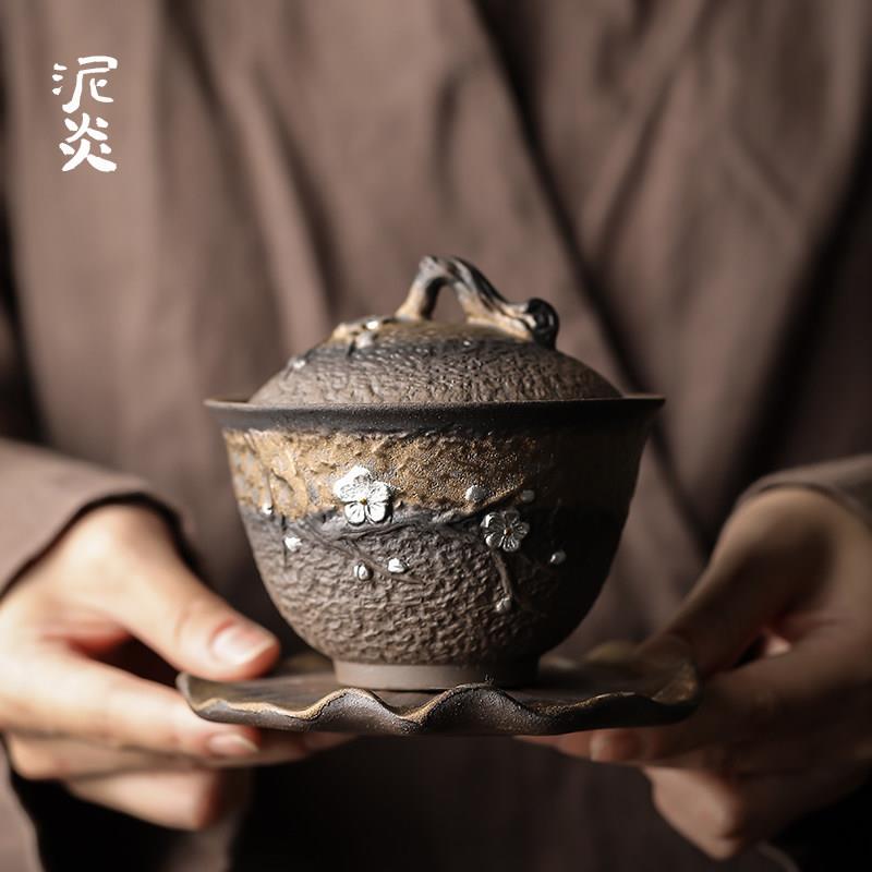 粗陶老岩泥盖碗单个手工描银三才碗陶瓷功夫茶具泡茶碗手抓壶复古