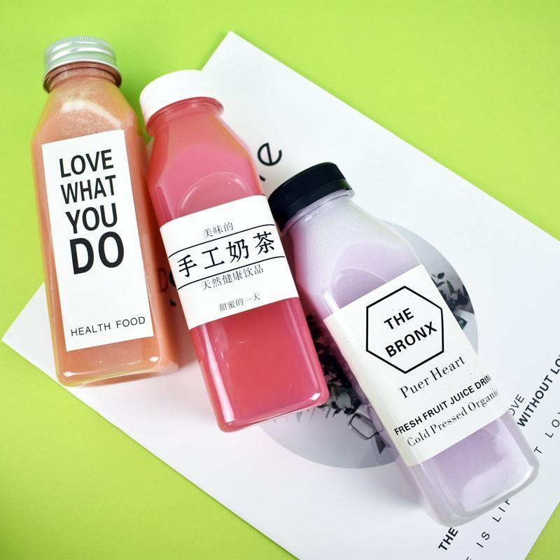加厚350ml400方形一次性pet塑料瓶食品级果汁外卖网红饮料密封瓶