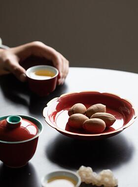 故宫红瓷承家用25506盖壶碗托盘托茶壶垫中式功夫茶具养壶陶盘茶