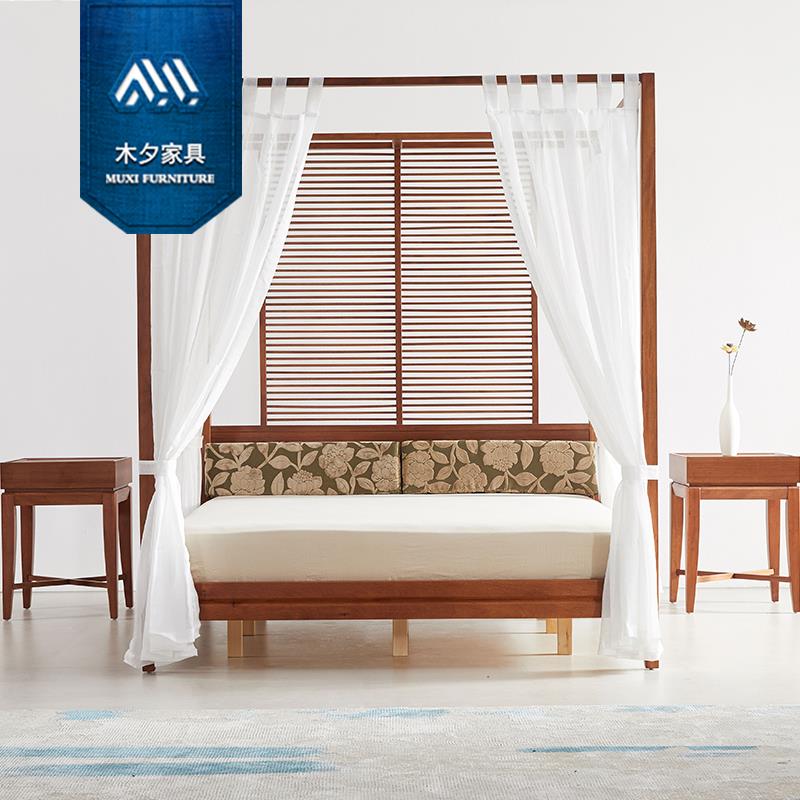 夕GQR新中式东南风格槟木家具胡桃木亚色实木榔双人床四柱民宿架