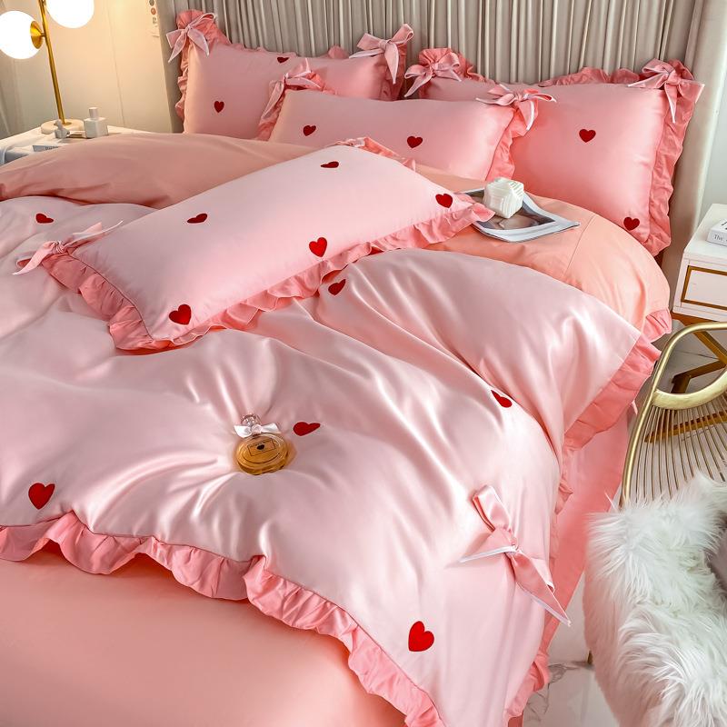 酒被红色爱心四件套全纯ydhl棉床单丝棉被套冰结婚庆婚礼婚嫁新婚