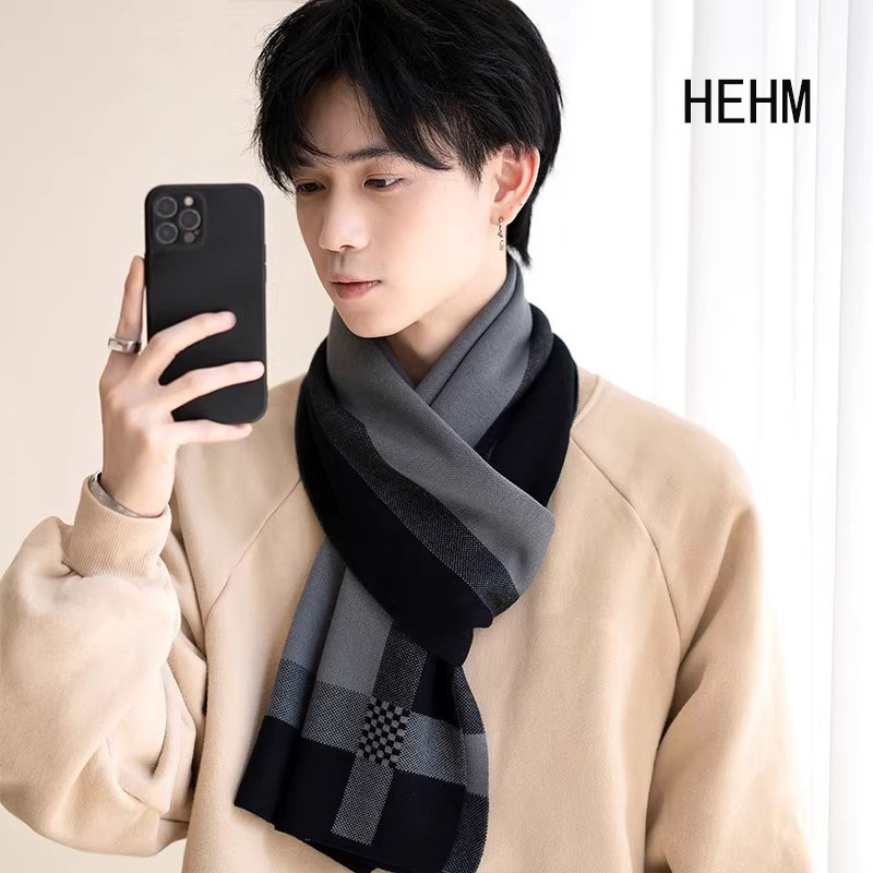 德国男士围巾冬季百搭格子拼色羊毛围脖保暖高档围巾加厚新年礼物