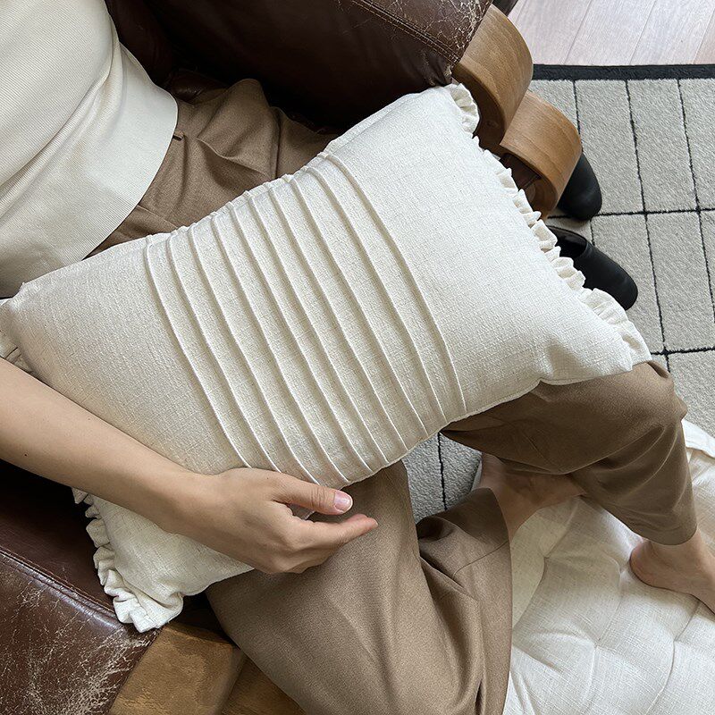 福笙 亚麻靠垫立体荷叶边腰枕汽车沙发抱枕靠枕可拆办公椅腰垫